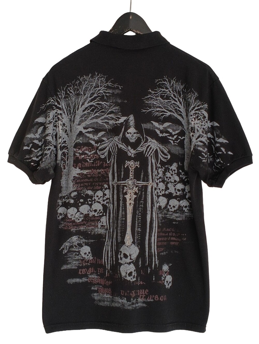Y2K Statik Black Grim Reaper Graphic Polo Shirt Short Sleeve Size S Distressed